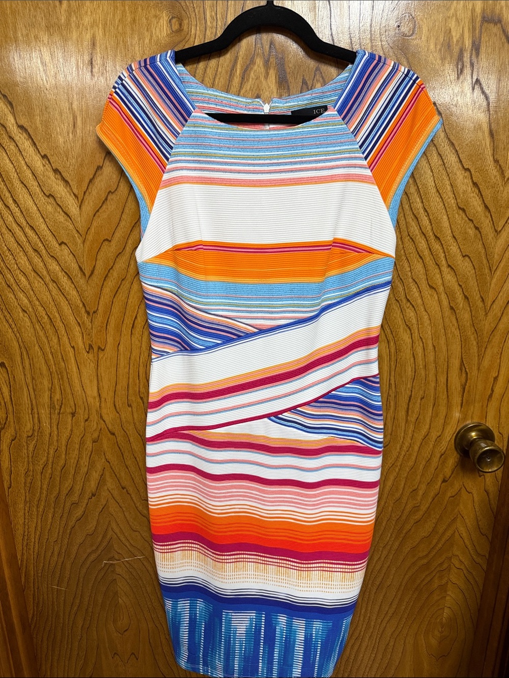 Ice Multicolor Striped Cap-Sleeve Midi Dress in Blue, Orange, Pink, White